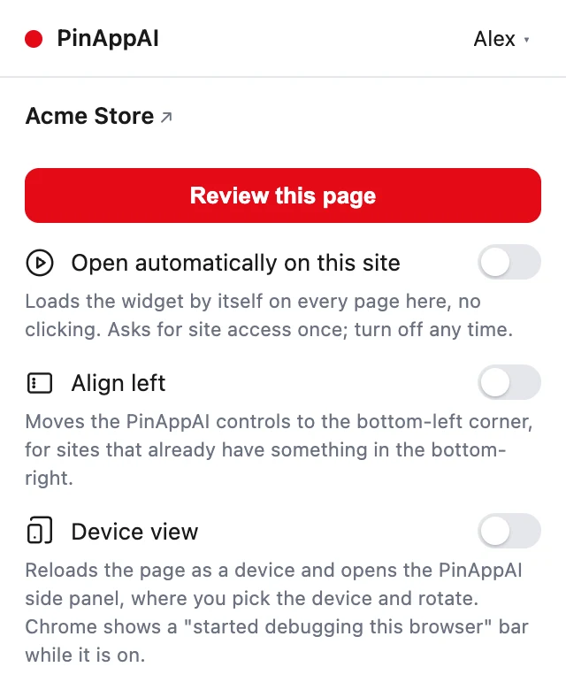 The extension popup with a matched project: Review this page, always-on, Align left and Device view toggles