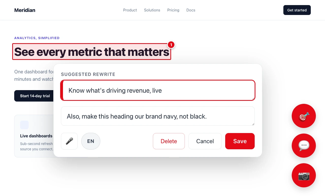 A reviewer points at a headline on their live site; PinAppAI highlights the exact element and opens a composer with a suggested rewrite and a comment field.