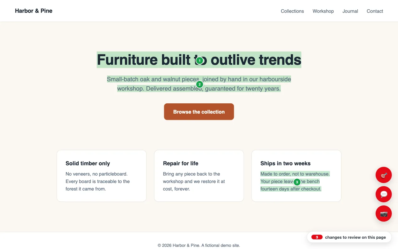 A source page with applied changes highlighted in green, numbered pin markers on each one, and the review chip bottom-right reading "3 changes to review on this page"