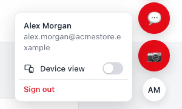 The review widget's account menu open, showing the reviewer's name and email, a Device view toggle, and Sign out